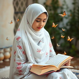 A beautiful Iranian girl wearing a white floral hijab, sitting gracefully while reading the Quran