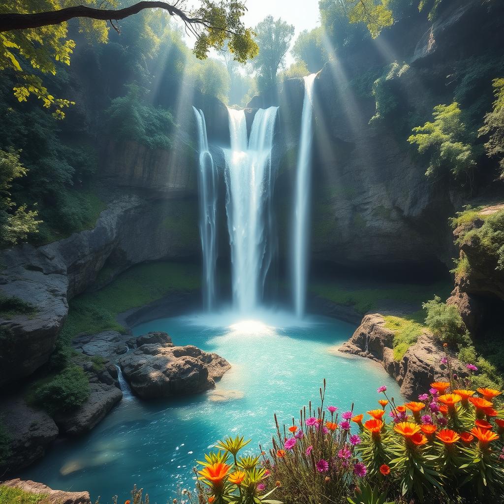 A stunning view showcasing majestic waterfalls cascading down rocky cliffs into a serene turquoise pool below, surrounded by lush green foliage and vibrant wildflowers