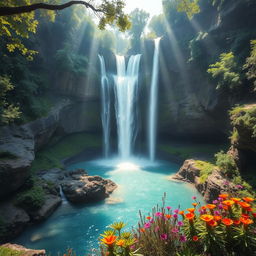 A stunning view showcasing majestic waterfalls cascading down rocky cliffs into a serene turquoise pool below, surrounded by lush green foliage and vibrant wildflowers