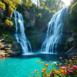 A stunning view showcasing majestic waterfalls cascading down rocky cliffs into a serene turquoise pool below, surrounded by lush green foliage and vibrant wildflowers