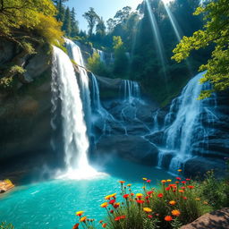 A stunning view showcasing majestic waterfalls cascading down rocky cliffs into a serene turquoise pool below, surrounded by lush green foliage and vibrant wildflowers