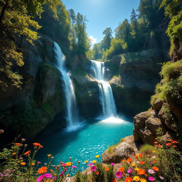 A stunning view showcasing majestic waterfalls cascading down rocky cliffs into a serene turquoise pool below, surrounded by lush green foliage and vibrant wildflowers