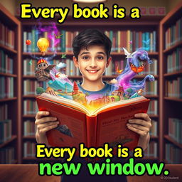 A vibrant and imaginative literacy poster featuring a 20-year-old student, a young adult with an eager expression, opening a large book