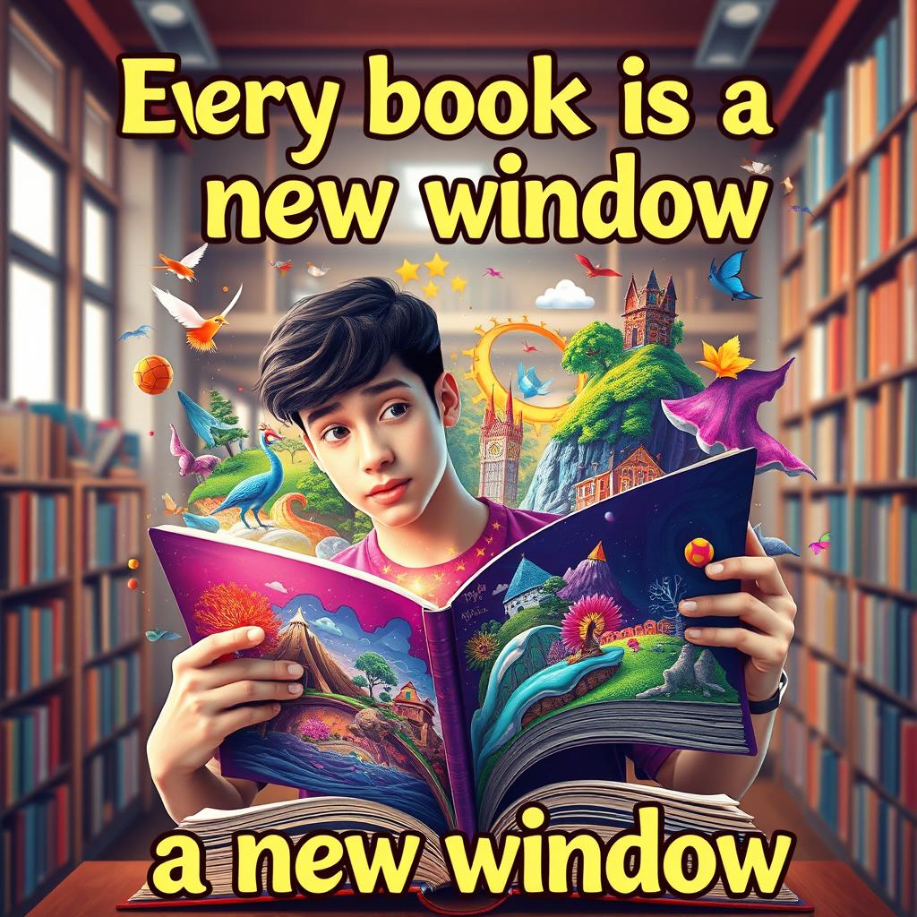 A vibrant and imaginative literacy poster featuring a 20-year-old student, a young adult with an eager expression, opening a large book