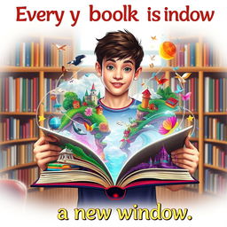 A vibrant and imaginative literacy poster featuring a 20-year-old student, a young adult with an eager expression, opening a large book