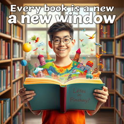 A vibrant and imaginative literacy poster featuring a 20-year-old student, a young adult with an eager expression, opening a large book