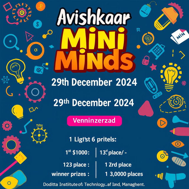 A vibrant and engaging poster for the "Avishkaar Mini Minds" event, featuring the event title prominently at the top in bold, artistic fonts