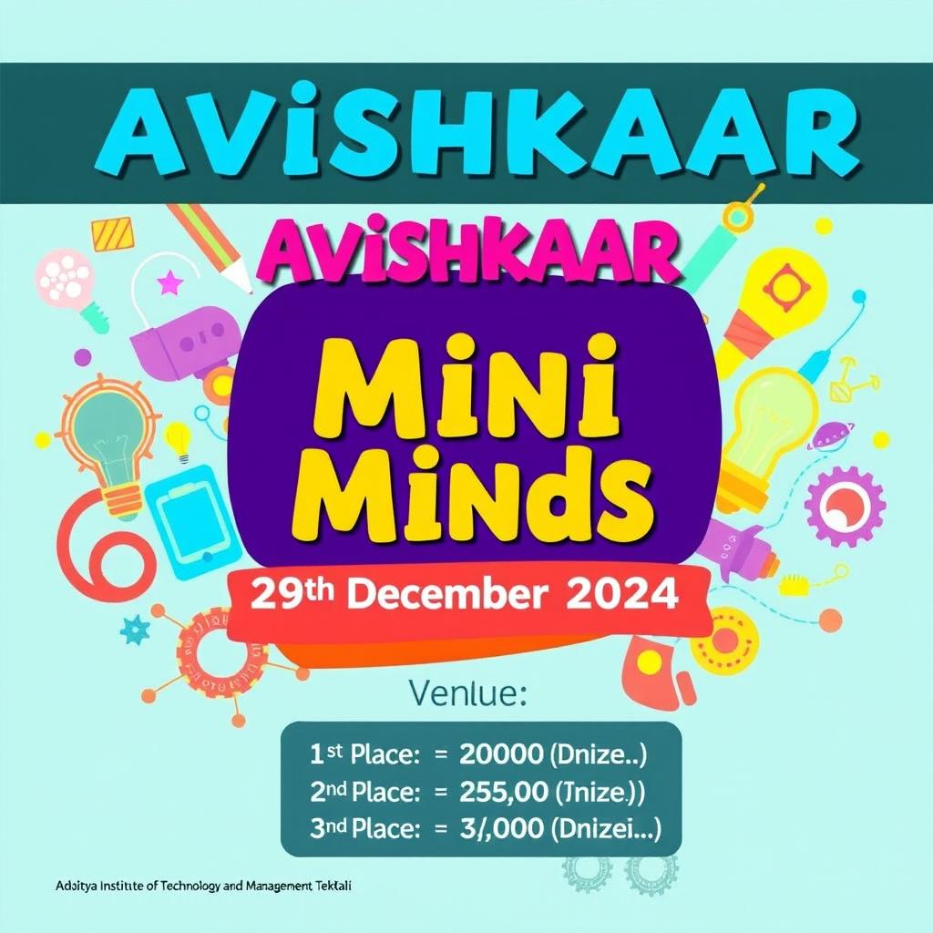 A vibrant and engaging poster for the "Avishkaar Mini Minds" event, featuring the event title prominently at the top in bold, artistic fonts