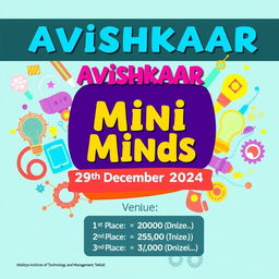 A vibrant and engaging poster for the "Avishkaar Mini Minds" event, featuring the event title prominently at the top in bold, artistic fonts