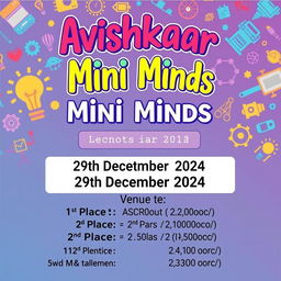 A vibrant and engaging poster for the "Avishkaar Mini Minds" event, featuring the event title prominently at the top in bold, artistic fonts