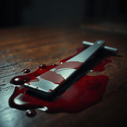 A detailed, artistic depiction of a razor lying on a wooden table, with a shallow pool of blood around it, creating a dramatic and intense atmosphere