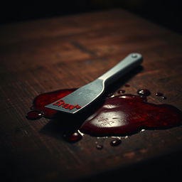 A detailed, artistic depiction of a razor lying on a wooden table, with a shallow pool of blood around it, creating a dramatic and intense atmosphere