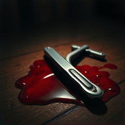 A detailed, artistic depiction of a razor lying on a wooden table, with a shallow pool of blood around it, creating a dramatic and intense atmosphere