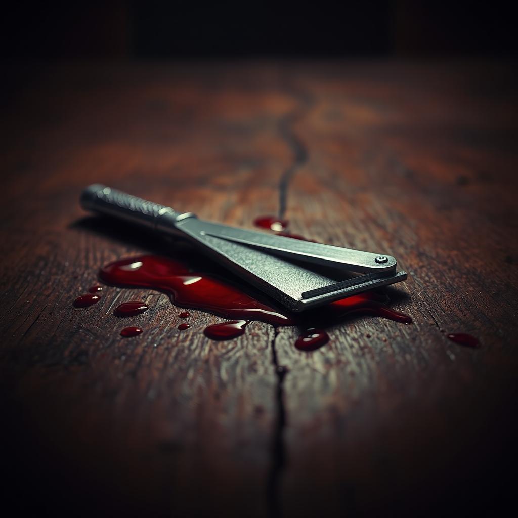 A detailed, artistic depiction of a razor lying on a wooden table, with a shallow pool of blood around it, creating a dramatic and intense atmosphere