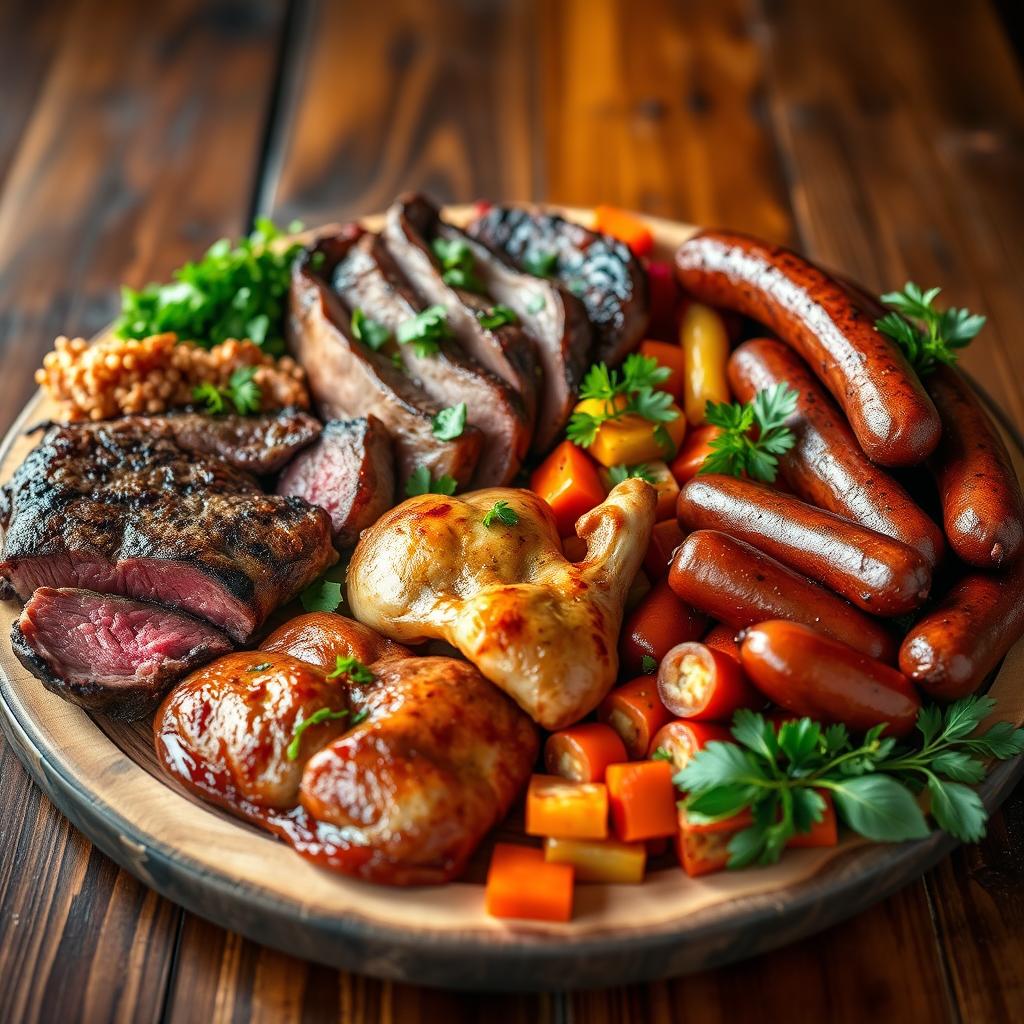 A beautifully arranged platter of various meats including succulent steak, perfectly cooked chicken, and rich sausages, garnished with fresh herbs and colorful vegetables