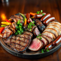 A beautifully arranged platter of various meats including succulent steak, perfectly cooked chicken, and rich sausages, garnished with fresh herbs and colorful vegetables