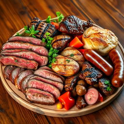 A beautifully arranged platter of various meats including succulent steak, perfectly cooked chicken, and rich sausages, garnished with fresh herbs and colorful vegetables