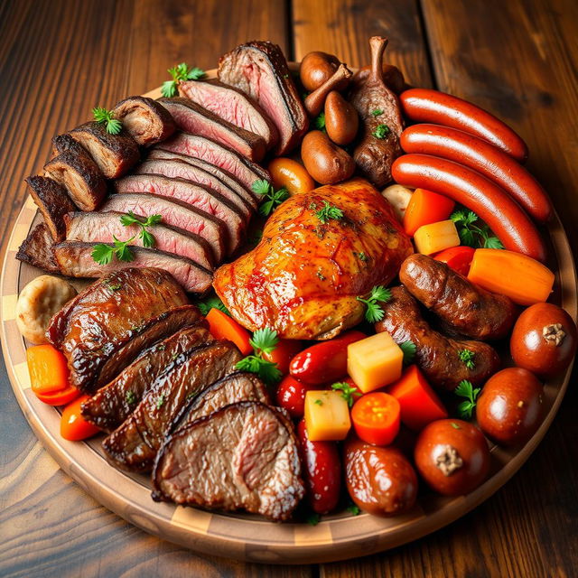 A beautifully arranged platter of various meats including succulent steak, perfectly cooked chicken, and rich sausages, garnished with fresh herbs and colorful vegetables