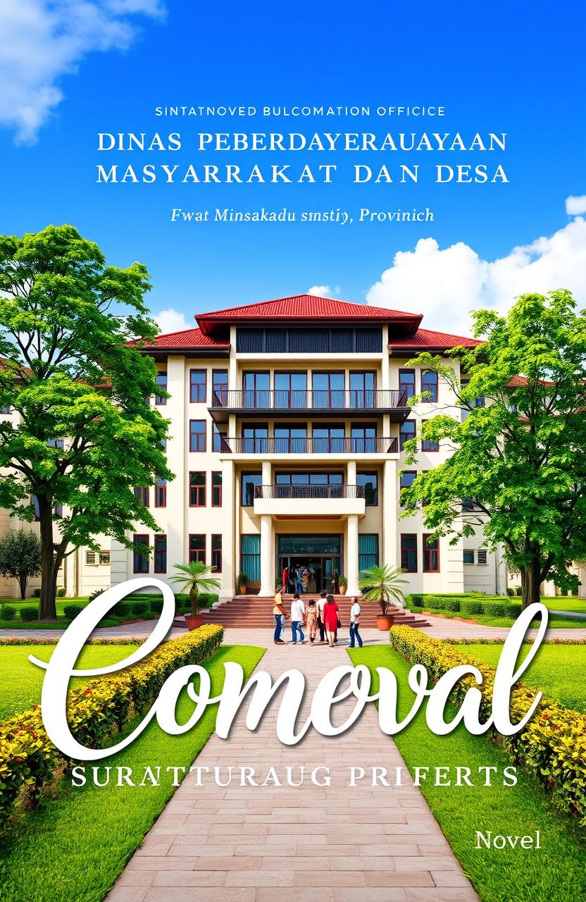 A beautifully designed book cover depicting the office of the Dinas Pemberdayaan Masyarakat dan Desa (Department of Community Empowerment and Village) of West Sumatra Province