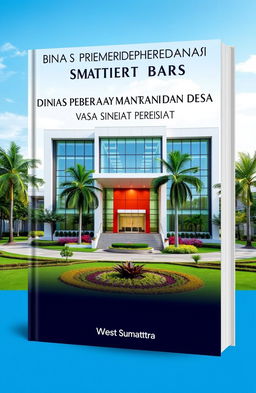 A book cover design featuring the office of the Dinas Pemberdayaan Masyarakat dan Desa Provinsi Sumatera Barat, showcasing a modern and professional building with glass windows and a vibrant entrance