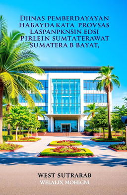 A book cover design featuring the office of the Dinas Pemberdayaan Masyarakat dan Desa Provinsi Sumatera Barat, showcasing a modern and professional building with glass windows and a vibrant entrance