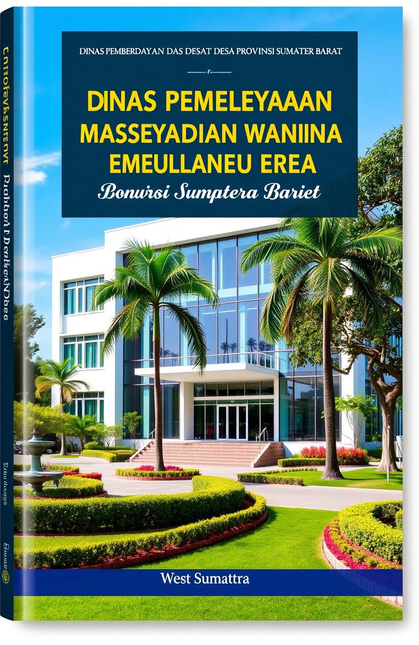 A book cover design featuring the office of the Dinas Pemberdayaan Masyarakat dan Desa Provinsi Sumatera Barat, showcasing a modern and professional building with glass windows and a vibrant entrance