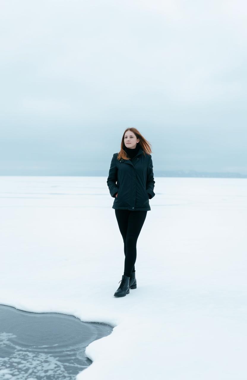 A woman standing alone in a vast ocean landscape covered in snow, wearing a sleek black jacket