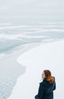 A woman standing alone in a vast ocean landscape covered in snow, wearing a sleek black jacket