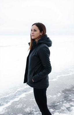 A woman standing alone in a vast ocean landscape covered in snow, wearing a sleek black jacket