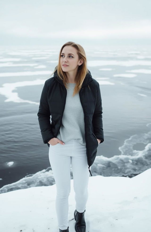 A woman standing alone in a vast ocean landscape covered in snow, wearing a sleek black jacket