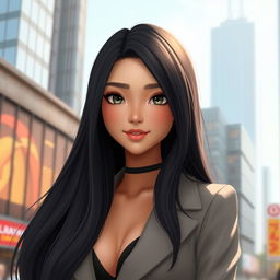 A realistic and beautiful digital girl with long black hair, featuring an elegant look with bright eyes and a confident smile