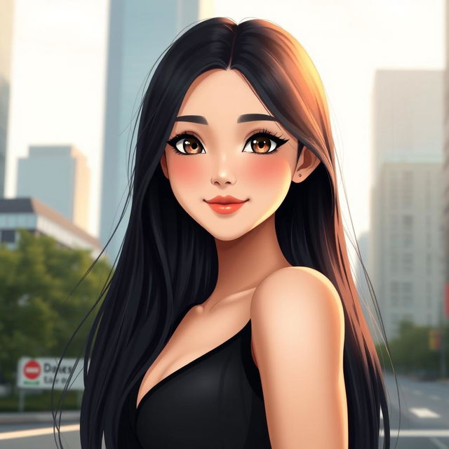 A realistic and beautiful digital girl with long black hair, featuring an elegant look with bright eyes and a confident smile