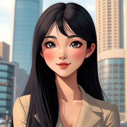 A realistic and beautiful digital girl with long black hair, featuring an elegant look with bright eyes and a confident smile