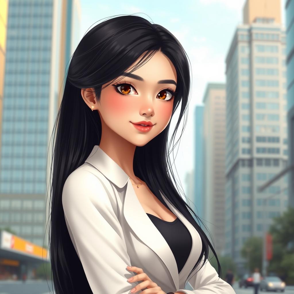 A realistic and beautiful digital girl with long black hair, featuring an elegant look with bright eyes and a confident smile