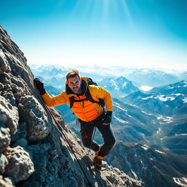 A rugged and determined man climbing a steep mountain, showcasing a dynamic pose as he grips onto the rocky terrain