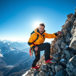 A rugged and determined man climbing a steep mountain, showcasing a dynamic pose as he grips onto the rocky terrain