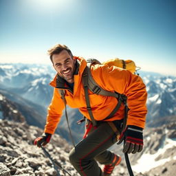 A rugged and determined man climbing a steep mountain, showcasing a dynamic pose as he grips onto the rocky terrain