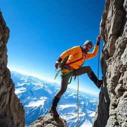 A rugged and determined man climbing a steep mountain, showcasing a dynamic pose as he grips onto the rocky terrain