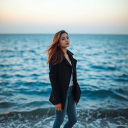 A solitary woman standing on the shores of a vast ocean, wearing a stylish black jacket