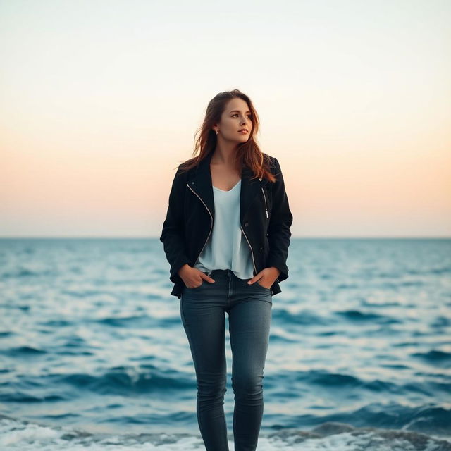 A solitary woman standing on the shores of a vast ocean, wearing a stylish black jacket