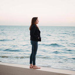 A solitary woman standing on the shores of a vast ocean, wearing a stylish black jacket
