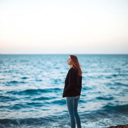 A solitary woman standing on the shores of a vast ocean, wearing a stylish black jacket