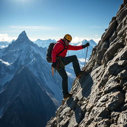 A rugged, adventurous man climbing a steep mountain, wearing a bright red jacket, sturdy climbing gear, and a helmet