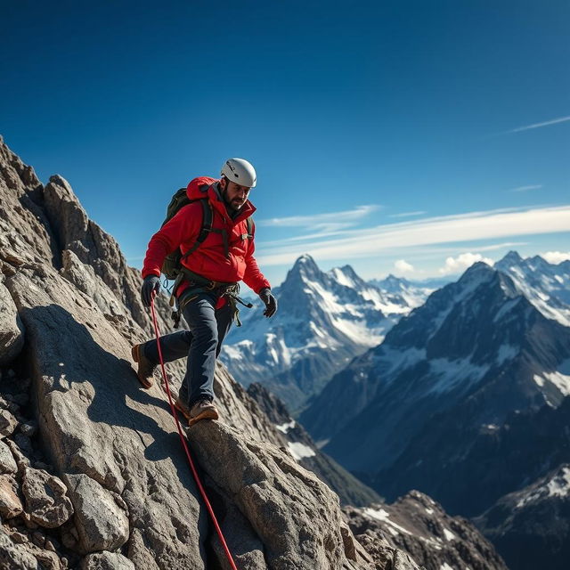 A rugged, adventurous man climbing a steep mountain, wearing a bright red jacket, sturdy climbing gear, and a helmet