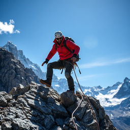 A rugged, adventurous man climbing a steep mountain, wearing a bright red jacket, sturdy climbing gear, and a helmet
