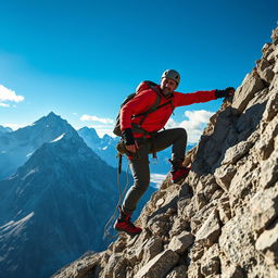 A rugged, adventurous man climbing a steep mountain, wearing a bright red jacket, sturdy climbing gear, and a helmet