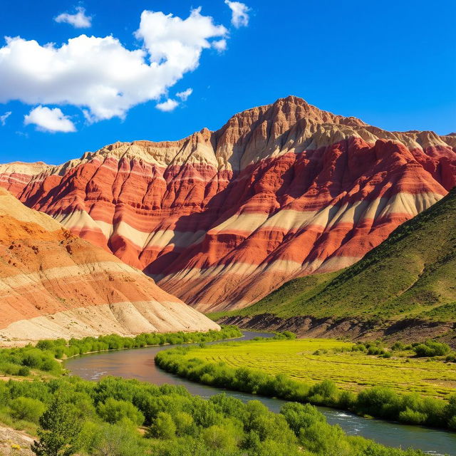 A majestic sedimentary mountain landscape, characterized by colorful layered rock formations, showcasing vibrant hues of red, orange, and beige