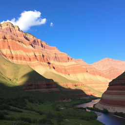 A majestic sedimentary mountain landscape, characterized by colorful layered rock formations, showcasing vibrant hues of red, orange, and beige