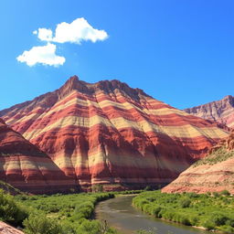 A majestic sedimentary mountain landscape, characterized by colorful layered rock formations, showcasing vibrant hues of red, orange, and beige
