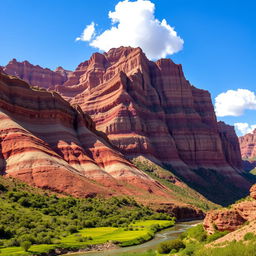 A majestic sedimentary mountain landscape, characterized by colorful layered rock formations, showcasing vibrant hues of red, orange, and beige